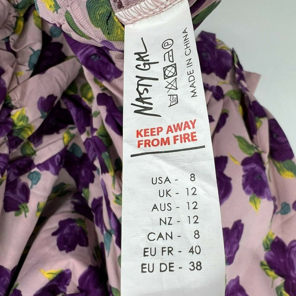 Nasty Gal Dress Purple Floral Print Balloon Sleeve Ruched Mini NWT - Picture 11 of 12
